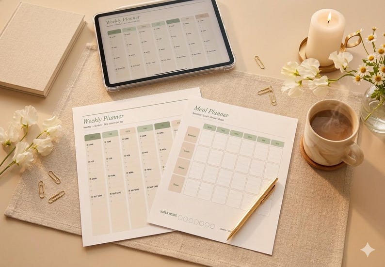 May include: A flat lay featuring a weekly planner, meal planner, and a tablet displaying a weekly schedule. A lit candle, a cup of coffee, and a pen are also present. The scene is decorated with flowers and paper clips, creating a cozy, organized aesthetic.