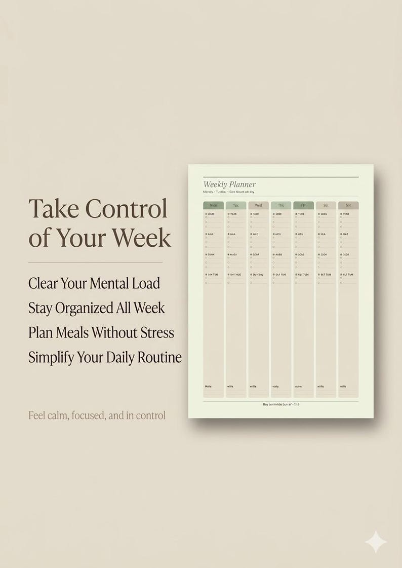 May include: A weekly planner with a neutral color scheme. The text "Take Control of Your Week" is displayed, along with other text such as "Clear Your Mental Load" and "Stay Organized All Week". The planner has columns for each day of the week.
