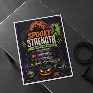 Spooky krachttraining volumetracker, hardloopkilometerregistratie voor de herfst, fitnesslogboek voor Halloween, trainingsbalans, krachttraininglogboek