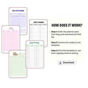 May include: A collection of printable step trackers in various pastel colors, including pink, green, and purple. The trackers have sections for daily steps and dates. Text on the right side explains how to order, access, and use the templates. A download button is also visible.