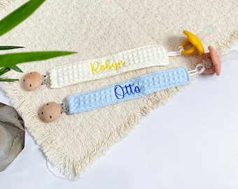 Cozy Embroidered Pacifier Holder, Personalized Monogram Design, Soft Baby Gift for Newborn