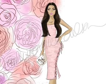 Fashion Illustration print "Posing Pretty in Pink",Fashion Illustration of girl in pink dress surrounded by flowers by Emily Brickel Edelson