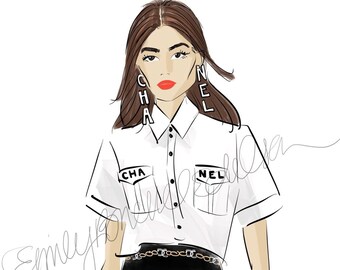 Fashion Illustration print "Kaia Gerber Chanel Runway", Fashion Illustration of Kaia Gerber in Chanel Jewelry by Emily Brickel Edelson 1