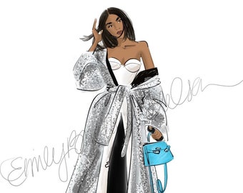 Fashion Illustration print "Cool as Ice", Fashion Illustration of girl in silver glitter jacket with blue bag by Emily Brickel Edelson