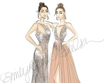 Fashion Illustration print "All That Glitters" Glitter Dresses, Fashion Illustration of Girls in Glam Dresses by Emily Brickel Edelson