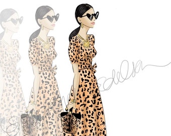 Fashion Illustration print "Leopard Chic Times Three", Fashion Illustration of Girl in Leopard Dress by Emily Brickel Edelson