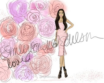 Fashion Illustration print "Rosé All The Way", Fashion Illustration of girl in pink dress surrounded by flowers By Emily Brickel Edelson