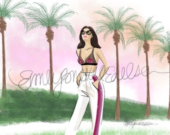 Fashion Illustration print "California Cool", Fashion Illustration of girl in the sun wearing a bra and track pants by Emily Brickel Edelson