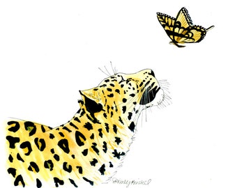 Animal Digital Illustration print "The Leopard and the Butterfly",  Breaking Free, a gorgeous wildlife illustration By Emily Brickel