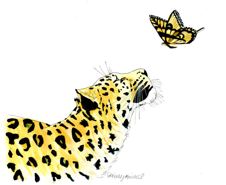 Animal Digital Illustration print The Leopard and the Butterfly, Breaking Free, a gorgeous wildlife illustration By Emily Brickel image 1