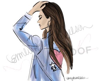 Fashion Illustration print "Vibes", Fashion Illustration of Girl in Denim Jacket with heart By Emily Brickel Edelson