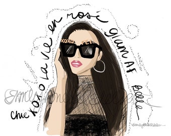 Fashion Illustration print "La Vie en Rosé",Fashion Illustration of girl in statement sunglasses in sheer black top by Emily Brickel Edelson