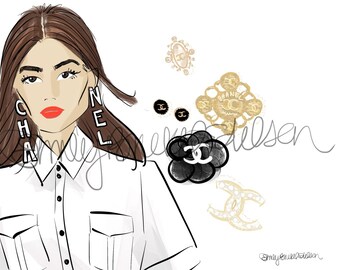 Fashion Illustration print "Kaia Gerber Chanel", Fashion Illustration of Kaia Gerber Close Up in Chanel Jewelry By Emily Brickel Edelson 3