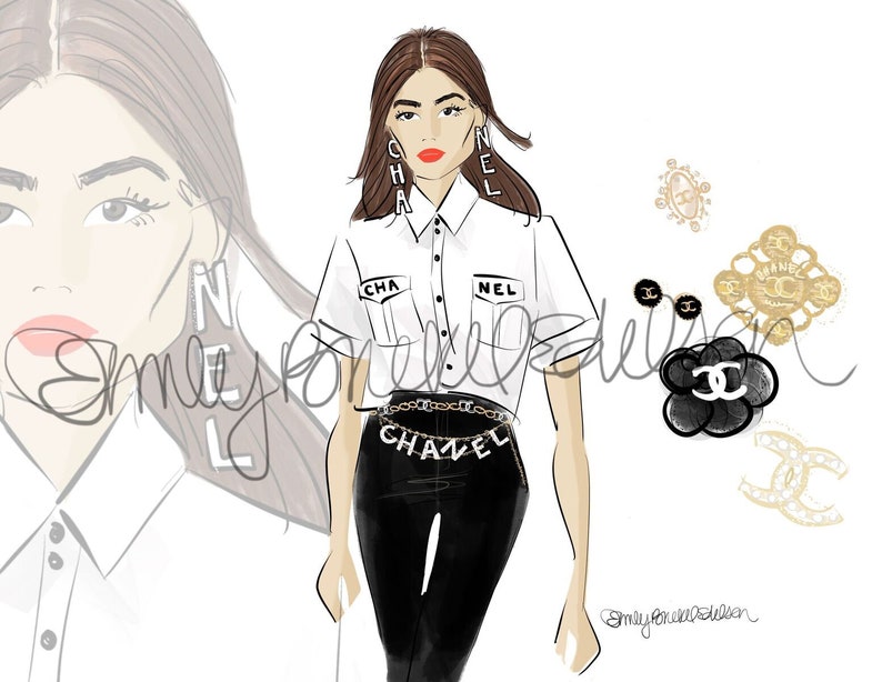 Fashion Illustration print Kaia Gerber Chanel Runway, Fashion Illustration of Kaia Gerber in Chanel Jewelry By Emily Brickel Edelson 2 image 1