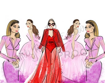 Fashion Illustration print "Girl Gang", Fashion Illustration of It Girls in pink and red By Emily Brickel Edelson