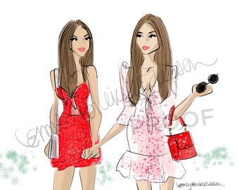 Fashion Illustration print "Galentines", Fashion Illustration of BFF's holding hands By Emily Brickel Edelson