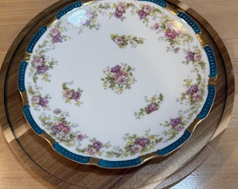 Antique Limoges AK CD Plate, Klingenberg Dwenger c. 1900–1910, Pink & Lavender Floral, Turquoise Beaded Gilt Rim, 8.5" French Porcelain