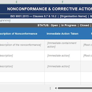 May include: A digital spreadsheet labelled "NONCONFORMANCE & CORRECTIVE ACTION LOG" in blue and white. It features columns for NCR Ref, Date Raised, Type, and Description of Nonconformance. The status options are Open, In Progress, Closed, and Overdue.