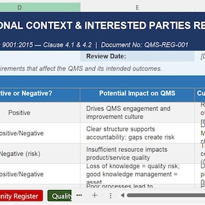 Peut inclure: Une feuille de calcul intitulée « ORGANISATIONAL CONTEXT & INTERESTED PARTIES REGISTER » avec des tableaux de données. Le document est pour ISO 9001:2015, avec des sections sur les problèmes internes, les catégories et les impacts potentiels sur le SMQ. Inclut les dates de révision et les informations sur le propriétaire.