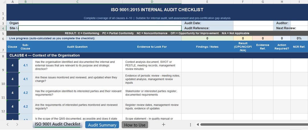 ISO 9001:2015 Internal Audit Checklist | Excel | Clauses 4-10 (digital ...