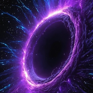 Pode incluir: Arte digital que retrata um evento cósmico. Um vazio escuro e circular é cercado por energia rodopiante, brilhante, roxa e azul, assemelhando-se a uma nebulosa ou buraco negro. O fundo é um céu estrelado.