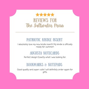 Puede incluir: Gr&aacute;fico rosa y blanco con el texto "REVIEWS FOR The Saltwater Press". El texto incluye rese&ntilde;as de un inserto de Kindle, tarjetas de notas y marcadores. Estrellas doradas en la parte superior.