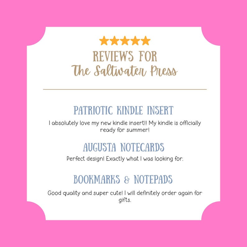 Puede incluir: Gr&aacute;fico rosa y blanco con el texto "REVIEWS FOR The Saltwater Press". El texto incluye rese&ntilde;as de un inserto de Kindle, tarjetas de notas y marcadores. Estrellas doradas en la parte superior.