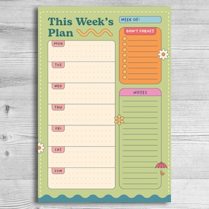 Puede incluir: Un planificador semanal con fondo verde y borde azul ondulado. El planificador incluye secciones para cada día de la semana, una lista de "No olvidar" y una sección de notas. El texto "This Week's Plan" está en la parte superior.