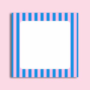 May include: A square frame with a white center, bordered by vertical stripes of blue and pink. The frame is set against a soft pink background, creating a visually appealing contrast.
