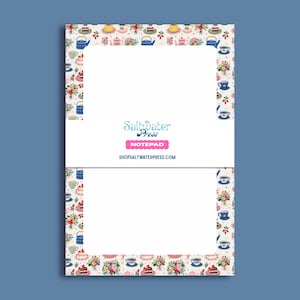 May include: A rectangular notepad featuring a white center and a border pattern of colorful teapots, teacups, cakes, and floral bouquets. The center displays the text The Saltwater Press, NOTEPAD, and SHOPSALTWATERPRESS.COM in blue and pink ink.