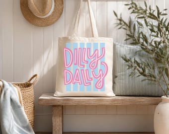 Dilly Dally Bag Striped Canvas Tote Beach Day Carryall Cotton Shopping Tote Sustainable Market Bag Eco Friendly Casual Everyday Sturdy