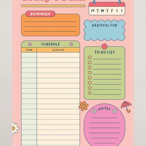 Puede incluir: Un planificador diario rosa con el texto "Today's Plan". Incluye secciones para recordatorios, horarios, listas de tareas, notas y un espacio para la gratitud. Decorado con flores y paraguas.