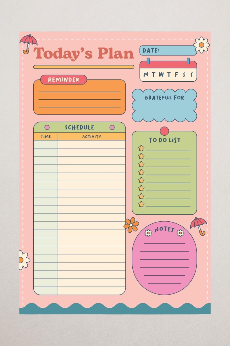 Puede incluir: Un planificador diario rosa con el texto "Today's Plan". Incluye secciones para recordatorios, horarios, listas de tareas, notas y un espacio para la gratitud. Decorado con flores y paraguas.