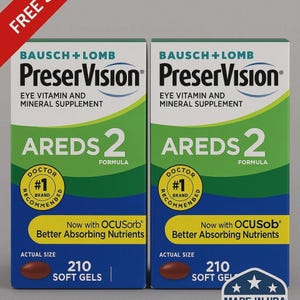 Pode incluir: Duas caixas de suplemento de vitaminas e minerais para os olhos Bausch + Lomb PreserVision AREDS 2. Cada caixa é verde, branca e azul, com o texto "Doctor Recommended #1 Brand". Cada caixa contém 210 cápsulas moles.