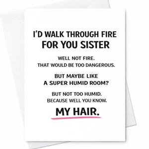 Pode incluir: Um cartão branco com texto preto: "I'D WALK THROUGH FIRE FOR YOU SISTER". O texto continua com humor sobre evitar fogo e humidade, terminando com "MY HAIR", sublinhado a rosa.
