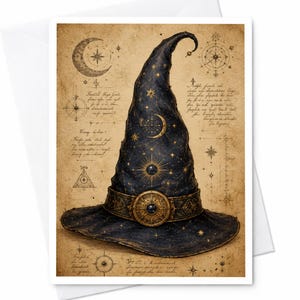 May include: A dark blue pointed hat featuring gold celestial patterns of stars, moons, and suns. A wide band encircles the base, adorned with a central circular gold emblem. The background is a parchment-style paper with handwritten script and diagrams.