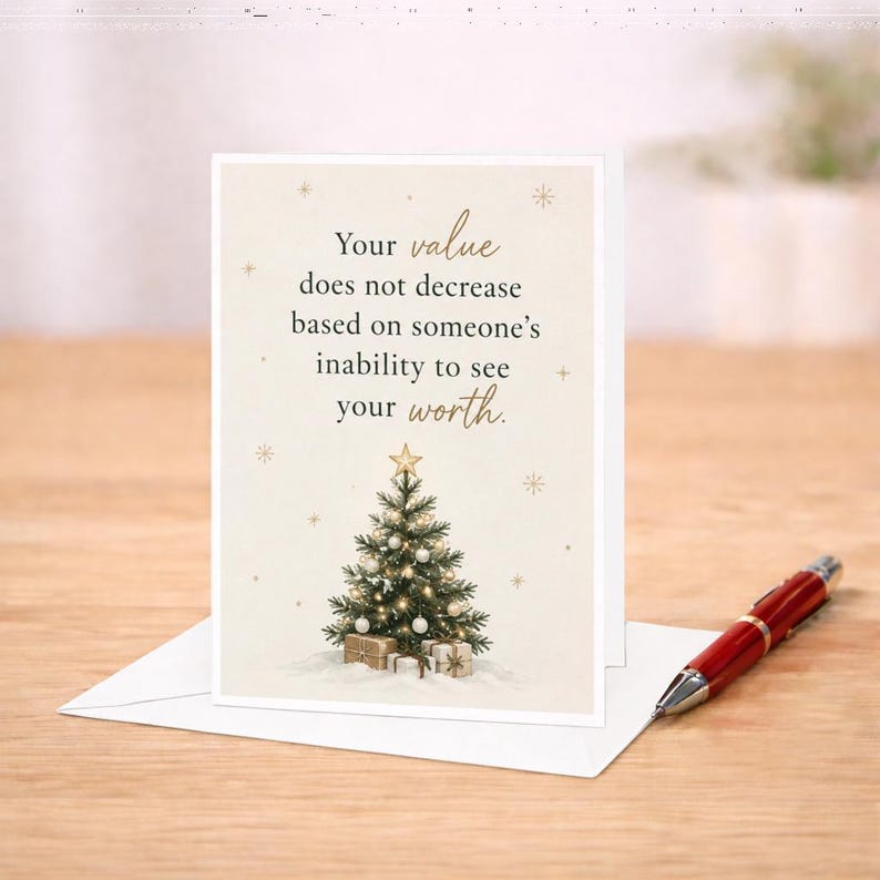 Your Value Does Not Decrease Christmas Card Inspirational Holiday Greeting Card With Tree For Friend Family Motivational C8261 image 2