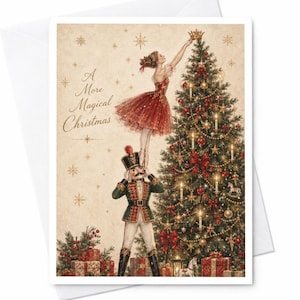 Peut inclure: Une carte de vœux illustrée d'une ballerine en robe rouge debout sur les épaules d'un casse-noisette, plaçant une étoile sur un sapin de Noël décoré. Le texte A More Magical Christmas est imprimé à gauche sur un fond couleur crème.