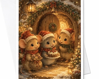 Kerstmuis wenskaart, schattige feestkaart, feestelijke dierenkaart voor kinderen, familiekaart voor kerstviering C4669