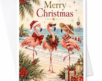 Vrolijke Kerst Flamingo Kaart Tropische Feestelijke Kerstkaart Strandthema Feestelijke Flamingo's Kerstkaart voor Vrienden en Familie C7361