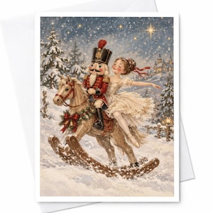 Peut inclure: Une illustration de carte de vœux montrant un casse-noisette en uniforme rouge et une personne en robe blanche sur un cheval à bascule en bois. La scène se déroule dans un paysage enneigé avec des sapins, un château lointain et une étoile brillante.