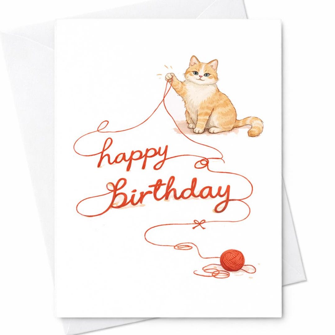 Cute Cat Birthday Card Happy Birthday Yarn Cat Birthday Card Minimalist ...