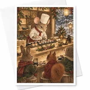Peut inclure: Une illustration de carte de vœux montrant une souris chef portant une toque et un tablier blancs, préparant des amuse-bouches sur un comptoir en bois. Un lapin, un écureuil et un hérisson sont assis devant le comptoir dans une pièce décorée.