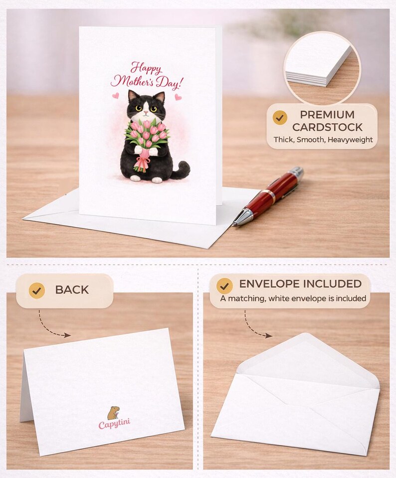 Happy Mothers Day Cat Card Cute Cat With Flowers Mothers Day Card Cat ...