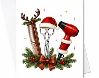 Christmas Hair Stylist Card, Salon Christmas Card With Hair Dryer Scissors And Comb, Holiday Card For Hairdresser C2669