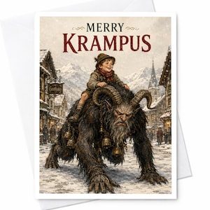 May include: A greeting card featuring the text MERRY KRAMPUS at the top. A child sits on the back of a large, dark, furry creature with horns and bells hanging from its neck. The scene is set on a snowy street in a village with buildings.