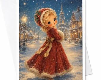 Retro kerstkaart voor een meisje, vintage feestkaart, schattige kerstkaart met wintertafereel voor haar, feestelijke kerstkaart C5247