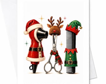 Christmas Hair Stylist Card, Salon Christmas Card With Hair Dryer Scissors And, Holiday Card For Hairdresser C2680