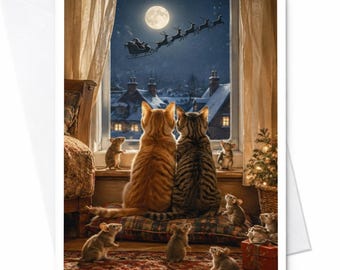 Katten en muizen die naar de kerstman kijken - Kerstkaart - Leuke kerstkaart voor kattenliefhebbers - Feestelijke dierenkaart - Wintertafereel C4123