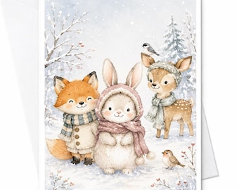 かわいい雪景色の森の動物たちのクリスマスカード　鹿、ウサギ、キツネがいる居心地の良い冬の風景　家族や友人へのホリデーグリーティングカード C3786
